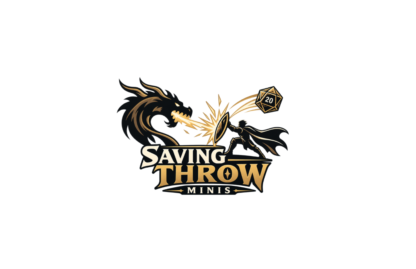 A stylized fantasy logo reading 'SAVING THROW MINIS' with a dragon breathing fire toward a shield-wielding figure, plus a gold 20-sided die icon, on a black background.